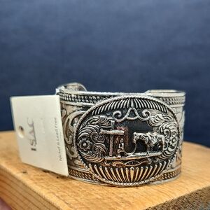 NWT Isac Trading Praying Cowboy Silver Tone Cuff Western Bracelet